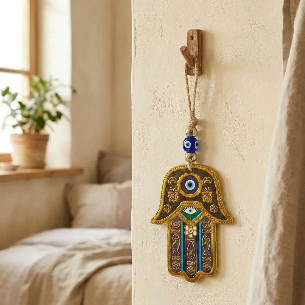 Colgante con soga - Mano fátima con borde dorado (24x7cm)_WEBP.webp