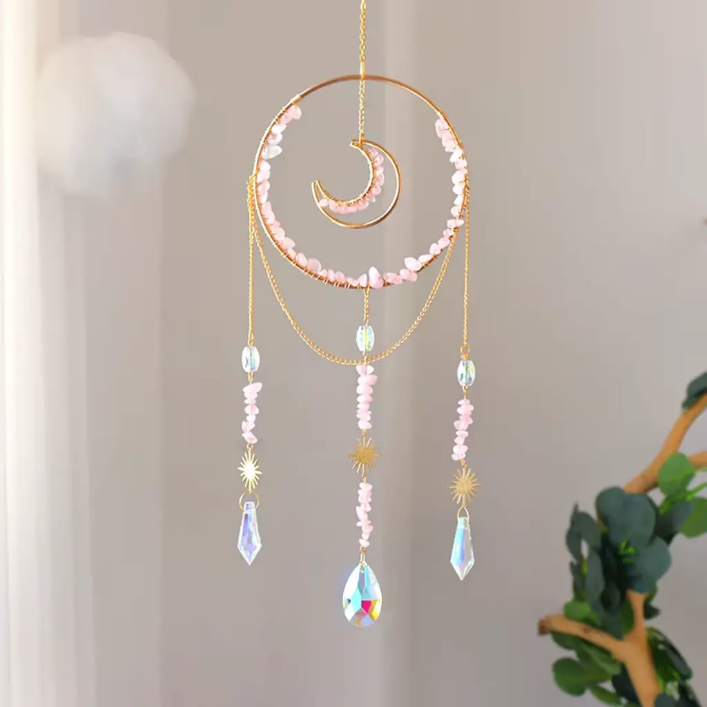 Colgante de Cristales - Círculo con Luna Adentro (Cuarzo Rosa)
