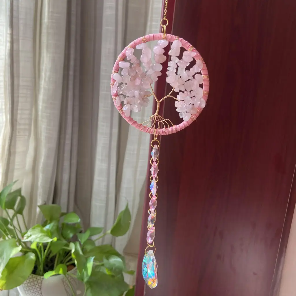 Colgante de Cristales - Arbol de Cuarzo Rosa (45x8cm)