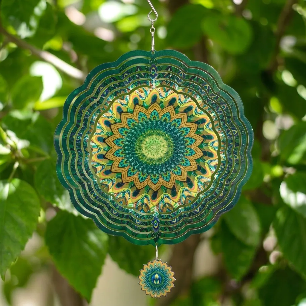 Windspinner Pintado 30cm - Mandala verde Plumas azules (Brillante)