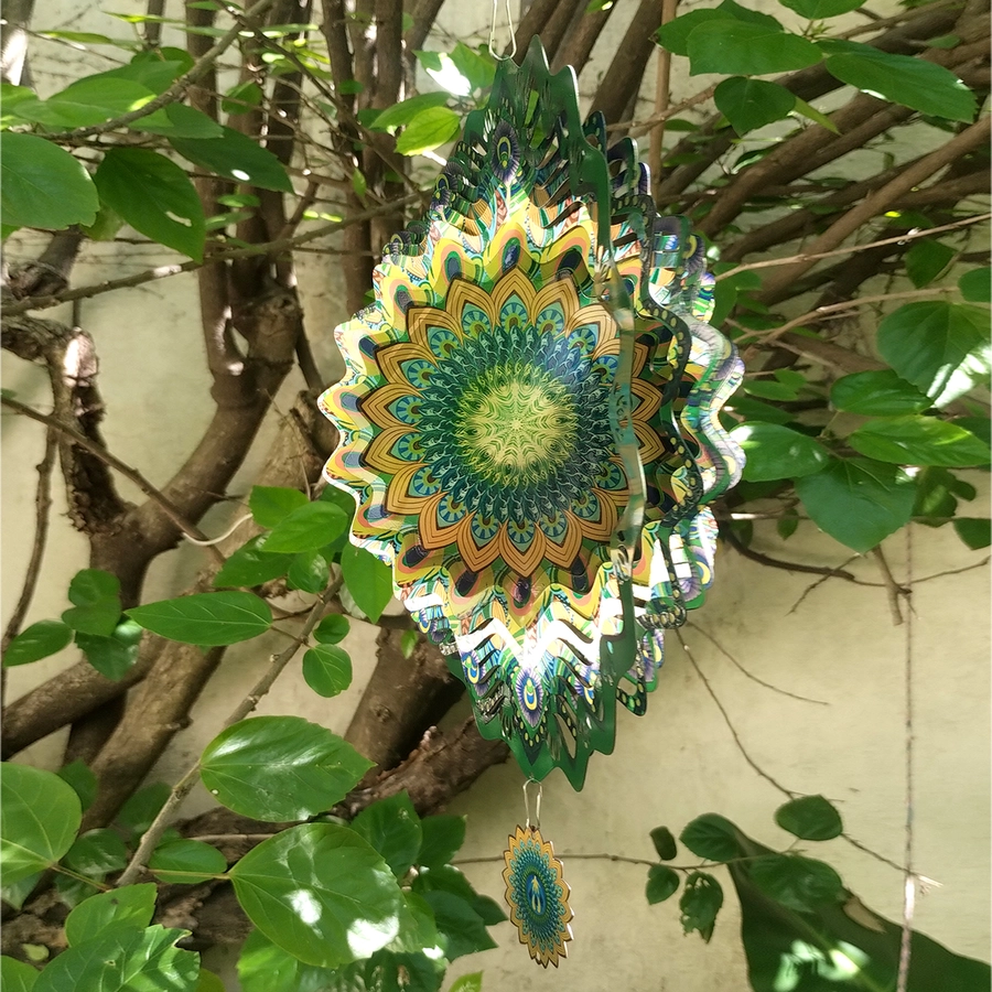 Windspinner Pintado 30cm - Mandala verde Plumas azules (Brillante)