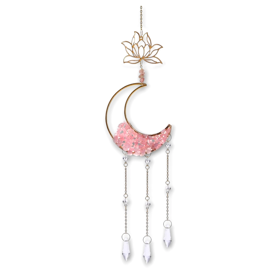 Colgante de Cristales - Luna con Loto (Cuarzo Rosa)