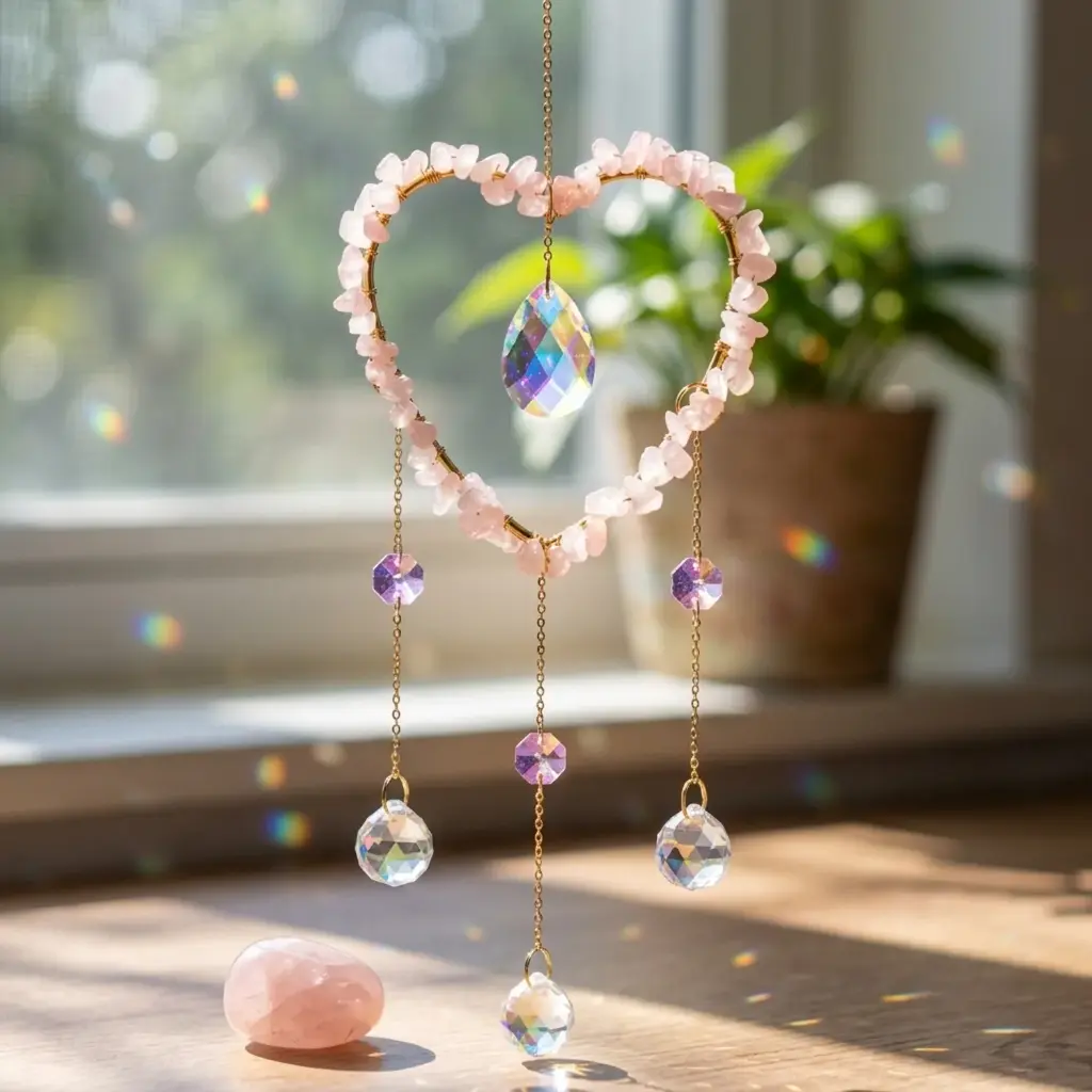 Colgante de Cristales - Corazon con Cuarzo Rosa (Grande)