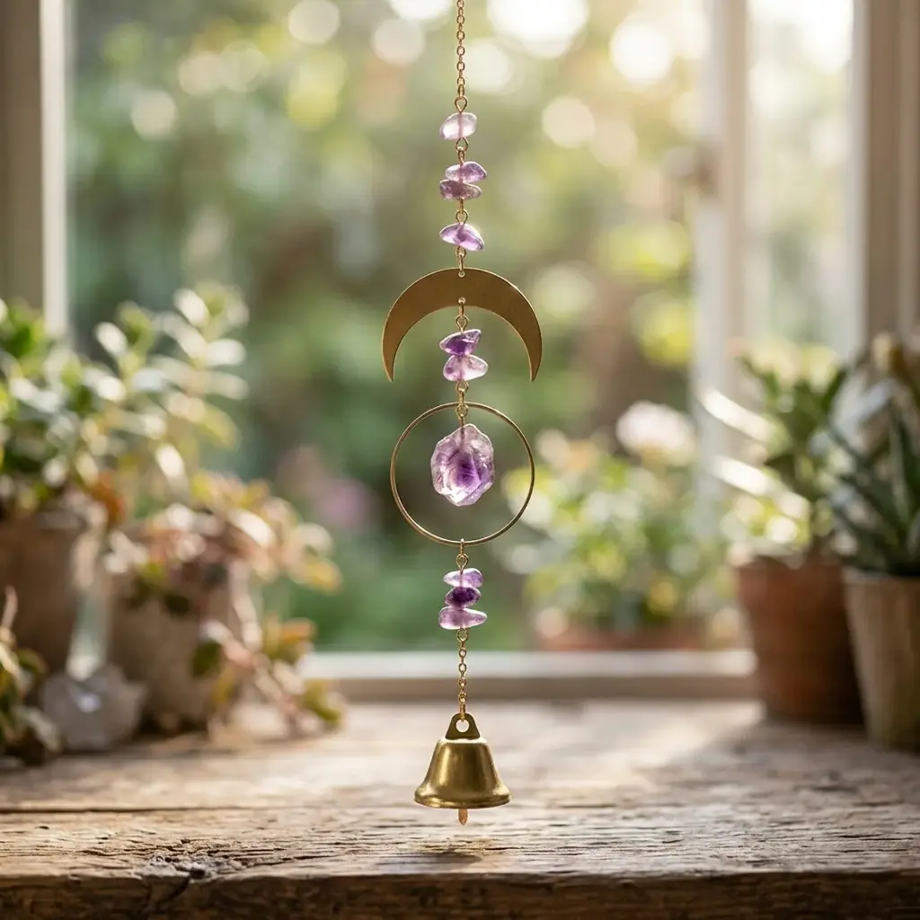 Colgante de Cristales - Amatista con campanitas (40cm)