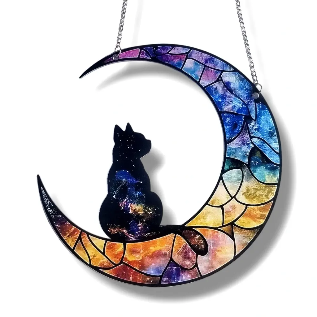 Colgante Plano de Acrílico - Gato en la Luna (20cm)