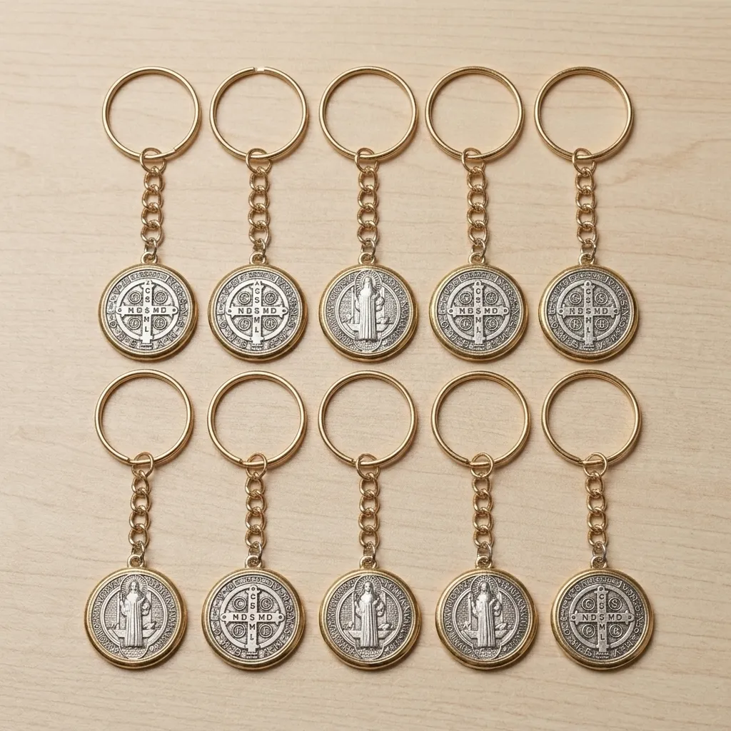 PROMO X10 - Llavero Medalla San Benito Borde Dorado (Mediano) (2x8cm)