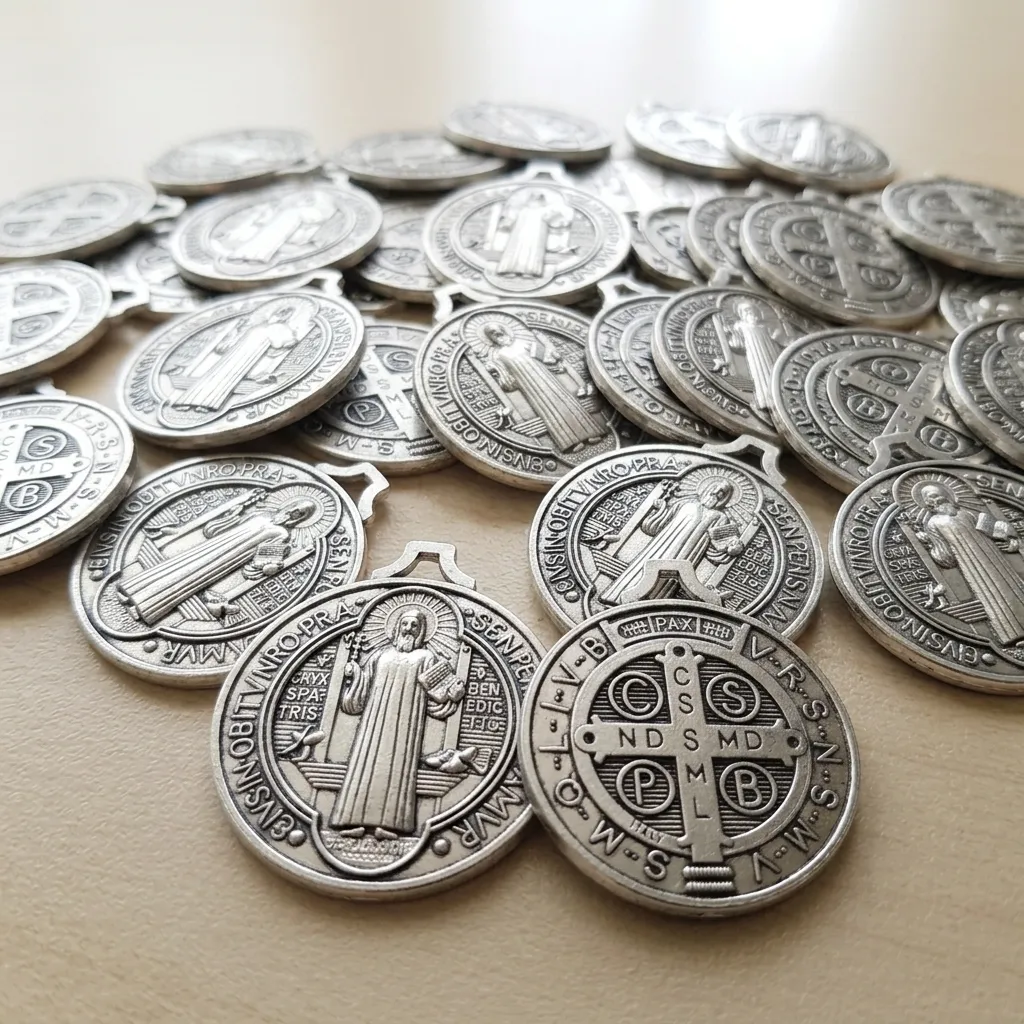 PROMO X50 - Dije Medalla San Benito Plateado (Grande - 3,5cm)