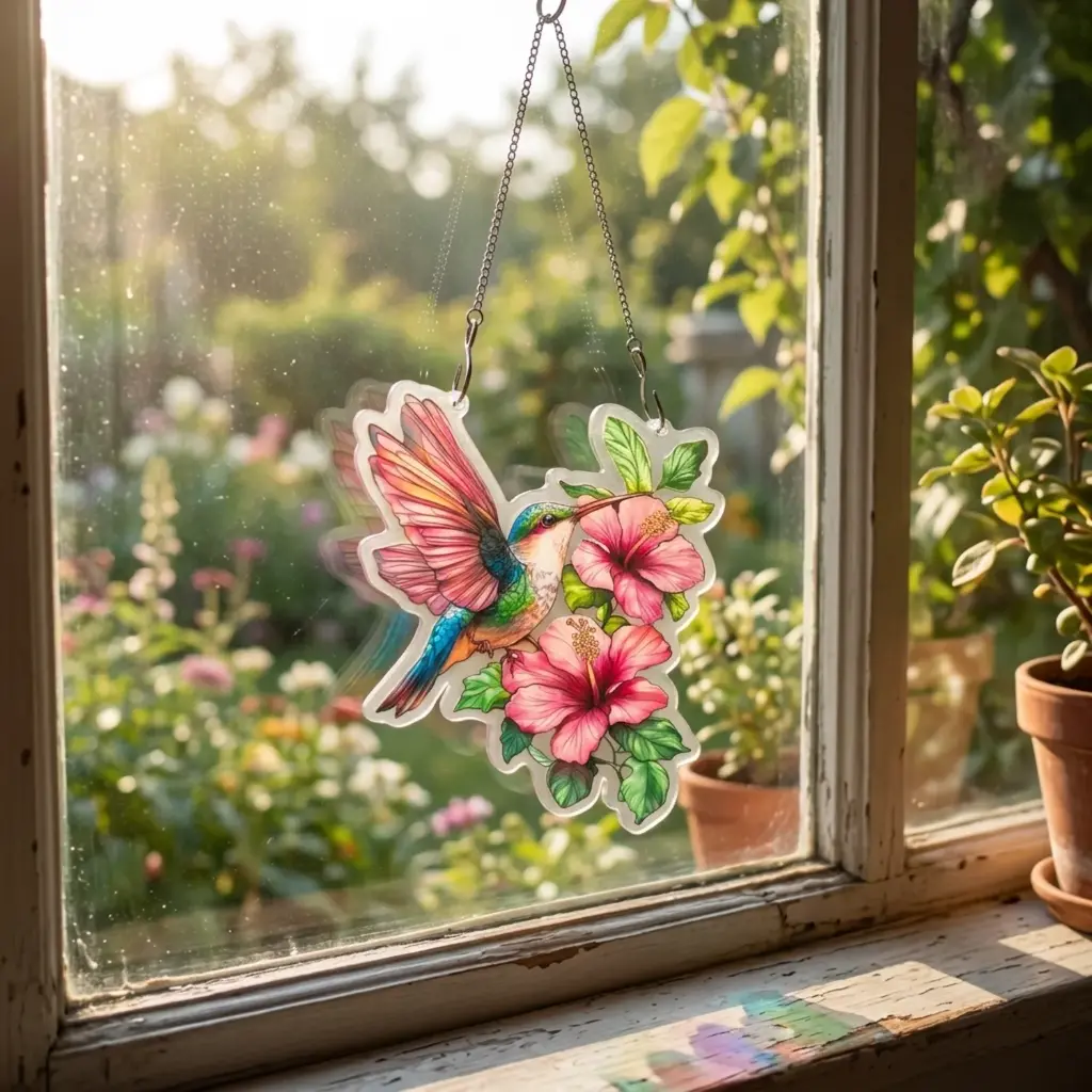Colgante Plano de Acrílico - Colibri en Flores de Hibiscus (24x17cm)