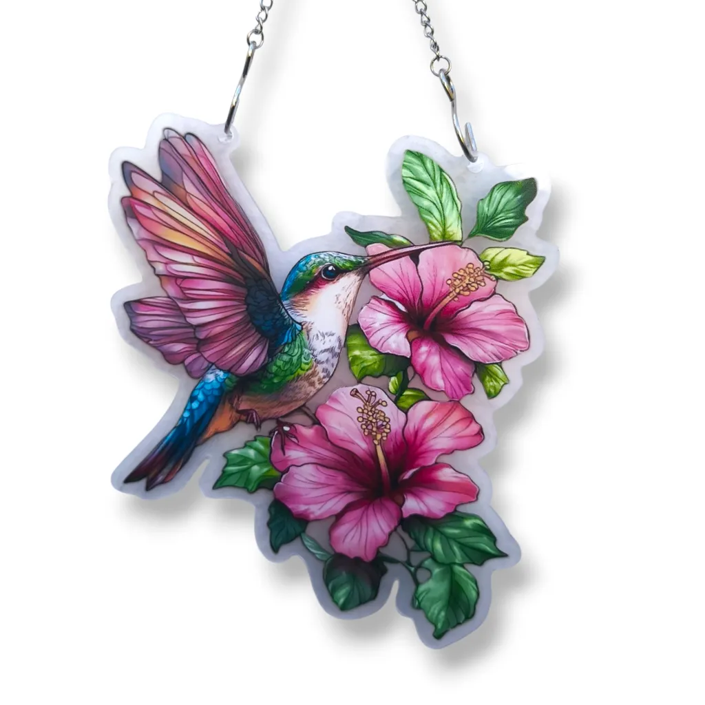 Colgante Plano de Acrílico - Colibri en Flores de Hibiscus (24x17cm)