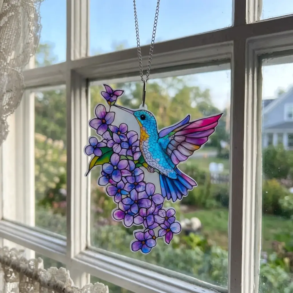 Colgante Plano de Acrílico - Colibri en Flores Violetas (20x15cm)