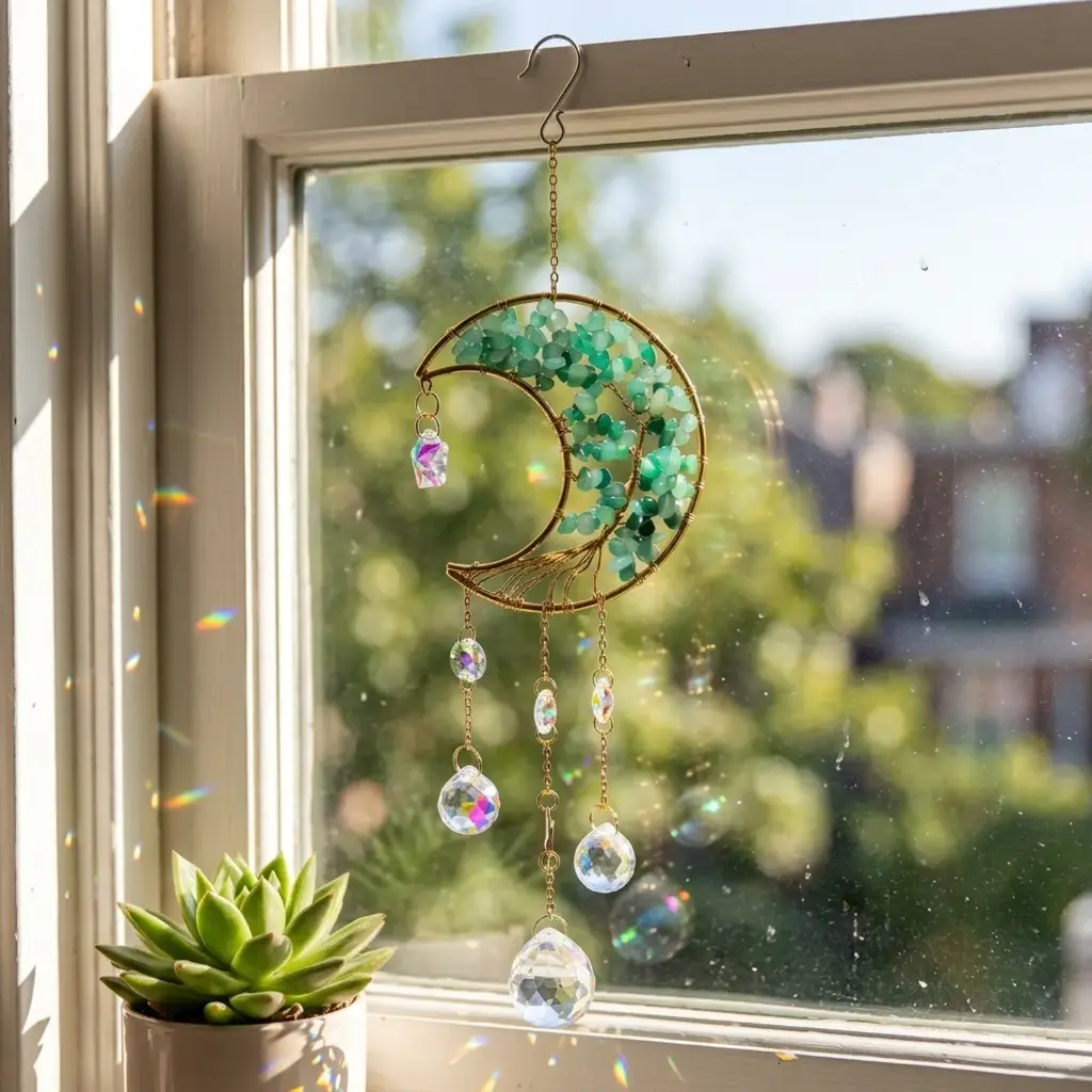 Colgante de Cristales - Luna con Árbol Cuarzo Verde (49x10cm) 