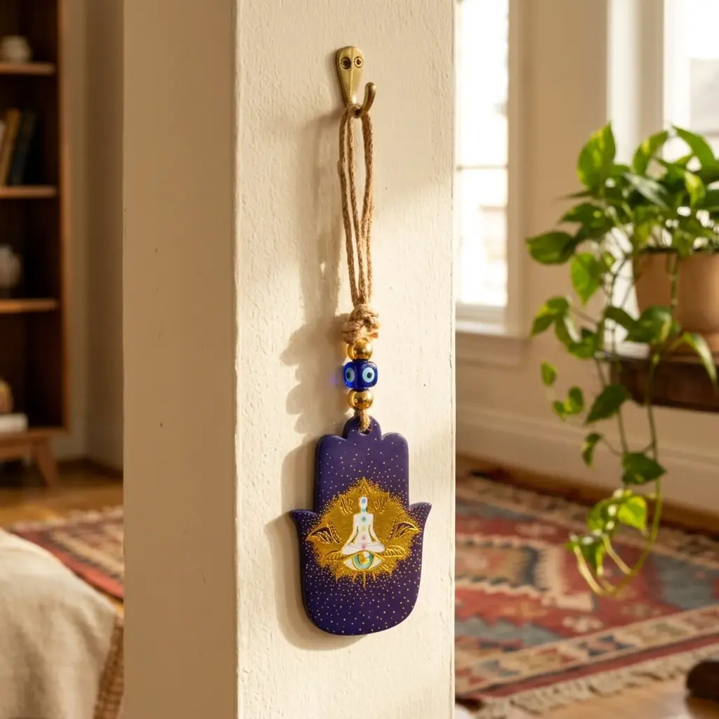 Colgante con soga - Mano Fatima con mujer meditando (22x6cm)
