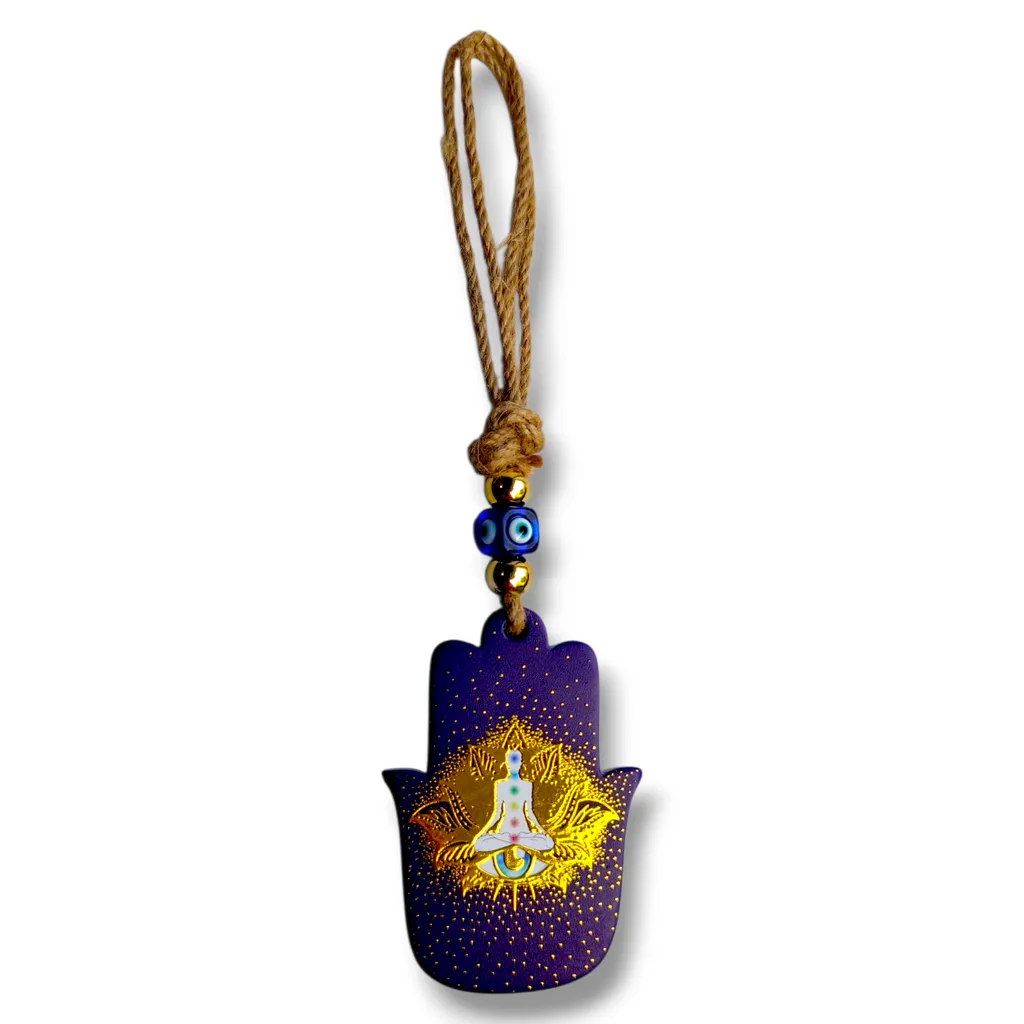 Colgante con soga - Mano Fatima con mujer meditando (22x6cm)