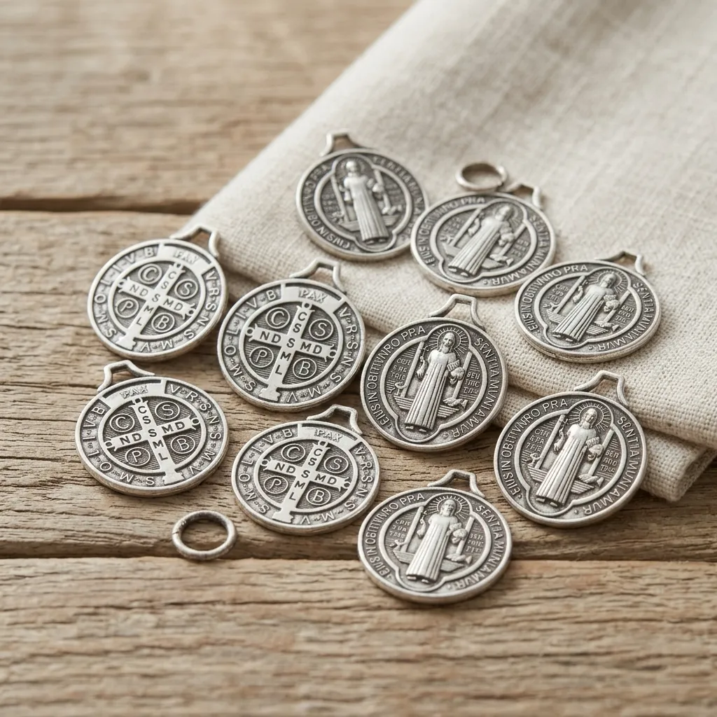 PROMO X10 - Dije San Benito Plateado  (Mediano 2cm) 