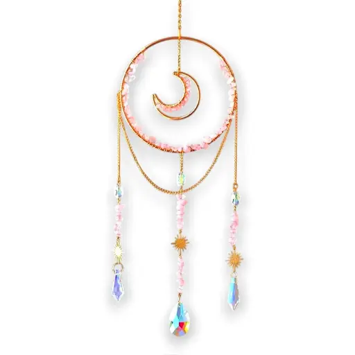 [IMP-067] Colgante de Cristales - Círculo con Luna Adentro (Cuarzo Rosa)