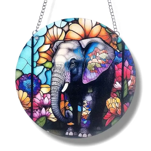 [IMP-092] Colgante Plano de Acrílico 15cm - Elefante y flores