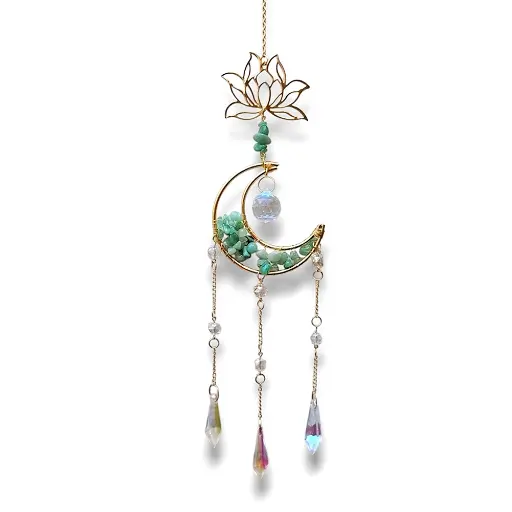[IMP-076] Colgante de Cristales - Luna con Loto (Cuarzo verde) (47x9cm)