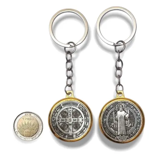 [ONC-072] PROMO X12 - Llavero Medalla San Benito Borde Dorado (Grande) (3,5x10cm)