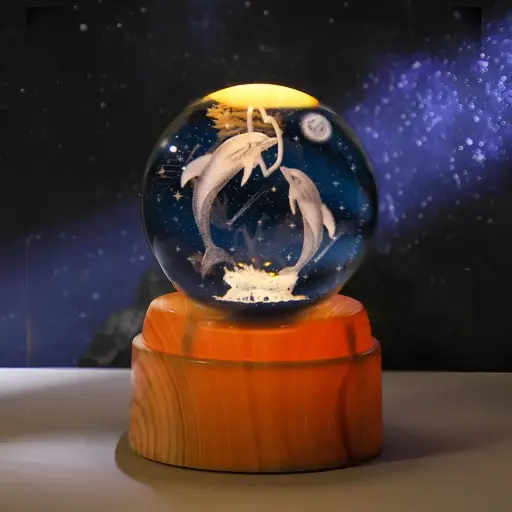 [IMP-263] Lampara Esfera de Vidrio GIRATORIA - Pareja Delfines (6cm)