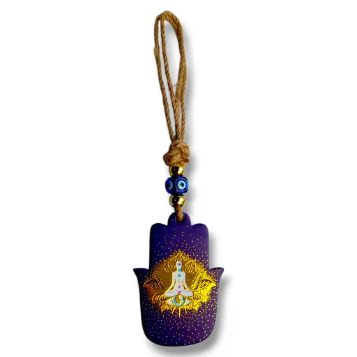 [ONC-101] Colgante con soga - Mano Fatima con mujer meditando (22x6cm)