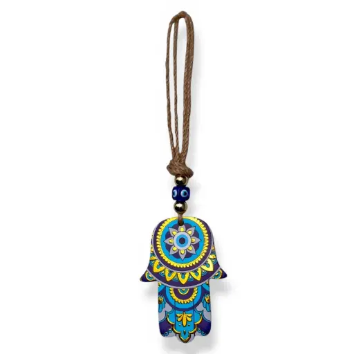 Colgante con soga - Mano fátima con mandala (26x7cm)